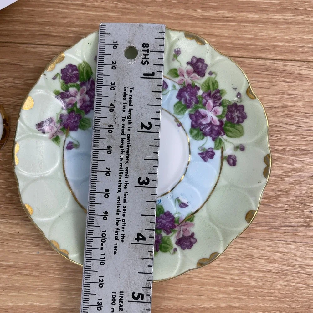 Lefton China 124 Hand Painted Violets Teacup and Saucer Set Gold Trim Mint Green